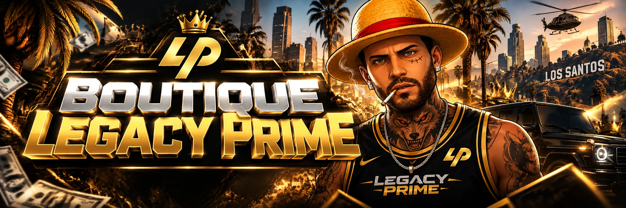 Bannière Boutique Legacy Prime avec le logo LP couronné et la ville de Los Santos